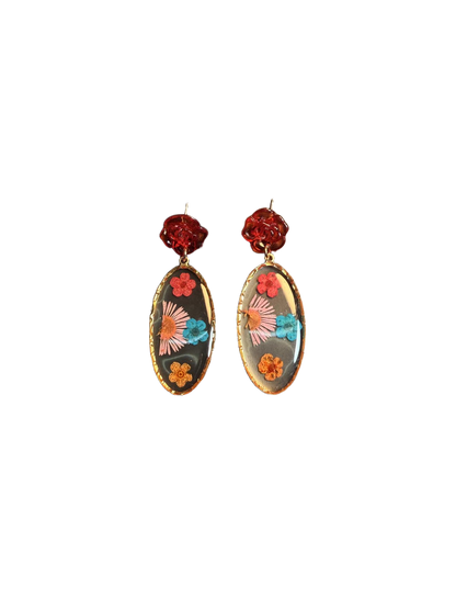 YYBB Jewelry ヴィンテージ 押し花ドロップピアス レッドローズスタッド 樹脂 ドライフラワー ボヘミアン コテージコア ステートメントジュエリー