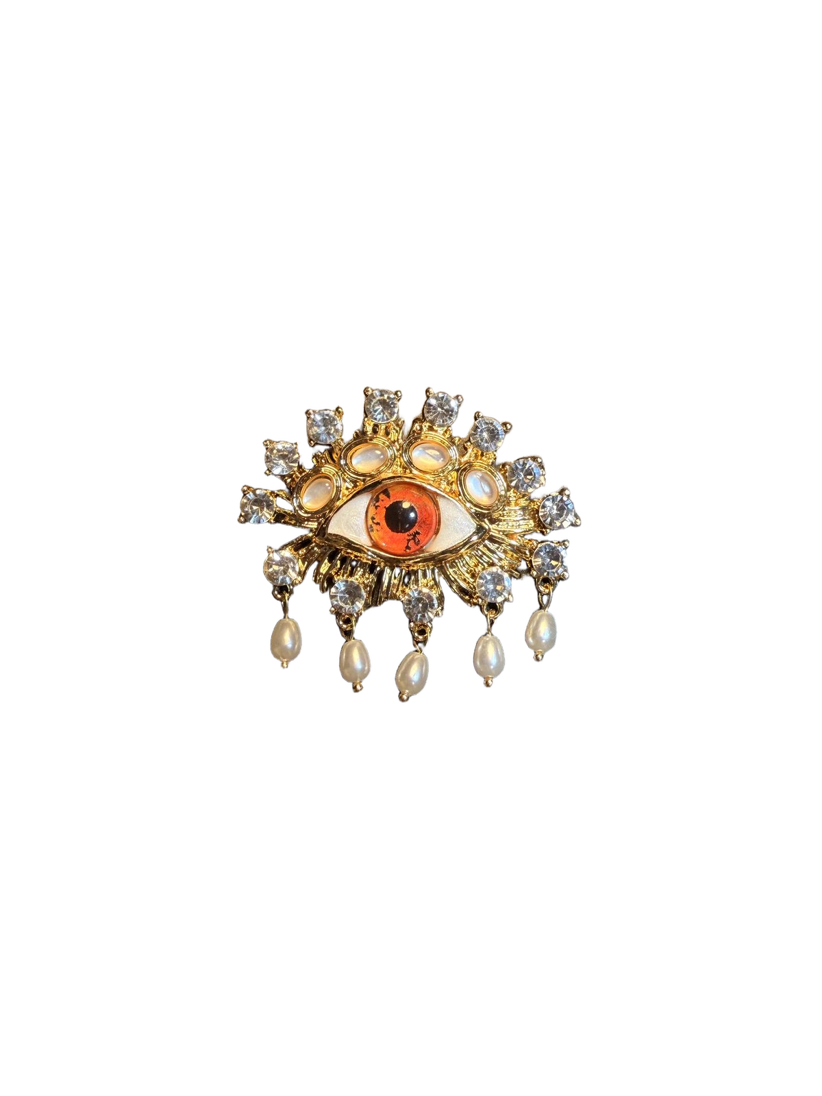 YYBB Jewelry Vintage Evil Eye Tassel Brooch Gold Tone Crystal Faux Pearl Statement Pin Bohemian Talisman Style