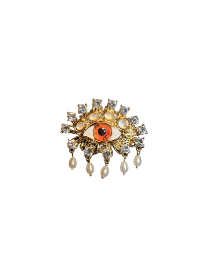 YYBB Jewelry Vintage Evil Eye Tassel Brooch Gold Tone Crystal Faux Pearl Statement Pin Bohemian Talisman Style