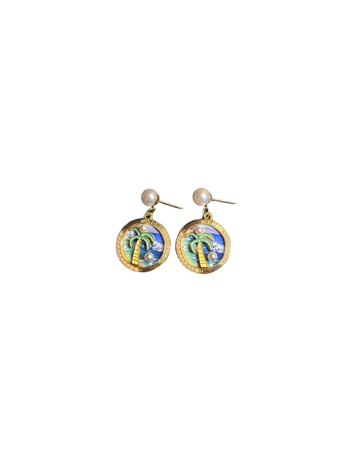 YYBB Jewelry Tropical Palm Tree Drop Earrings with Faux Pearl Enamel Gold-Tone Beach Vacation Statement Style