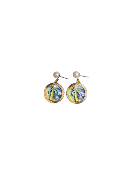 YYBB Jewelry Tropical Palm Tree Drop Earrings with Faux Pearl Enamel Gold-Tone Beach Vacation Statement Style