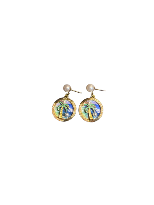 YYBB Jewelry Tropical Palm Tree Drop Earrings with Faux Pearl Enamel Gold-Tone Beach Vacation Statement Style