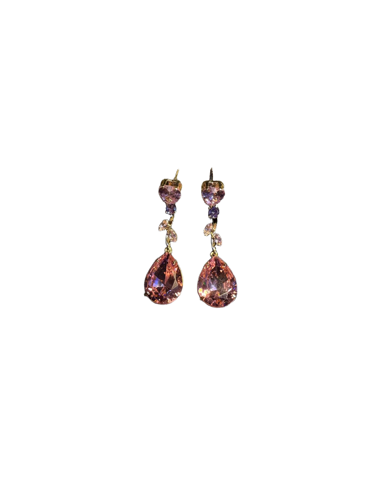 أقراط متدلية بكريستال وردي عتيق من YYBB Jewelry مع مسامير قلب، دلايات دمعة نباتية بلون ذهبي، وأسلوب بوهيمي فاخر