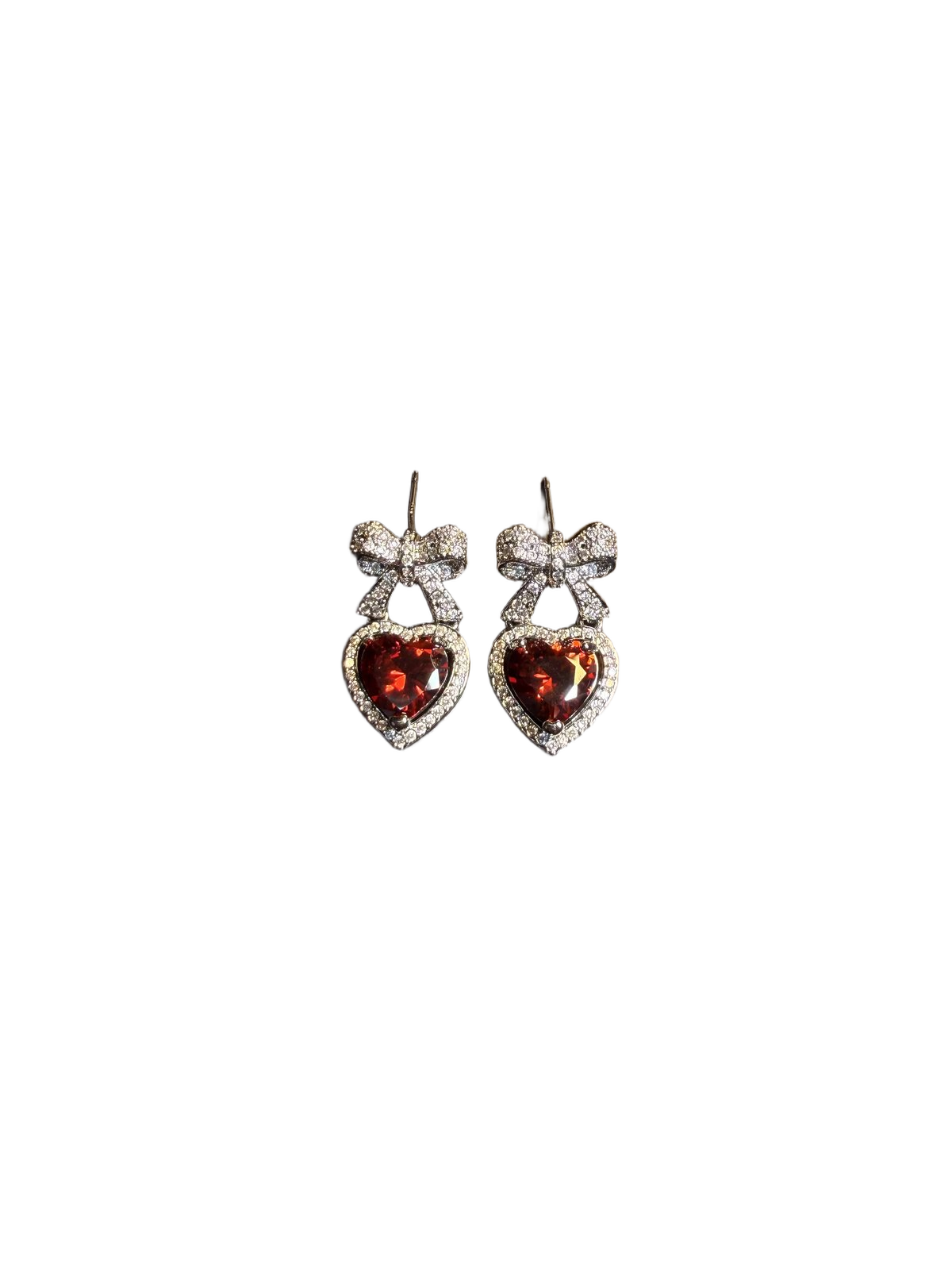 YYBB Jewelry Bow Heart Drop Earrings with Pave Crystal and Ruby-Red Gemstone Romantic Elegant Dangle Style