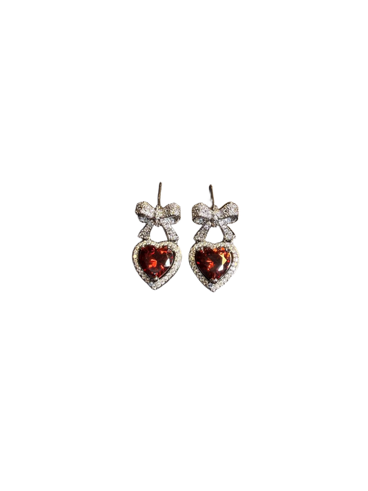 YYBB Jewelry Bow Heart Drop Earrings with Pave Crystal and Ruby-Red Gemstone Romantic Elegant Dangle Style