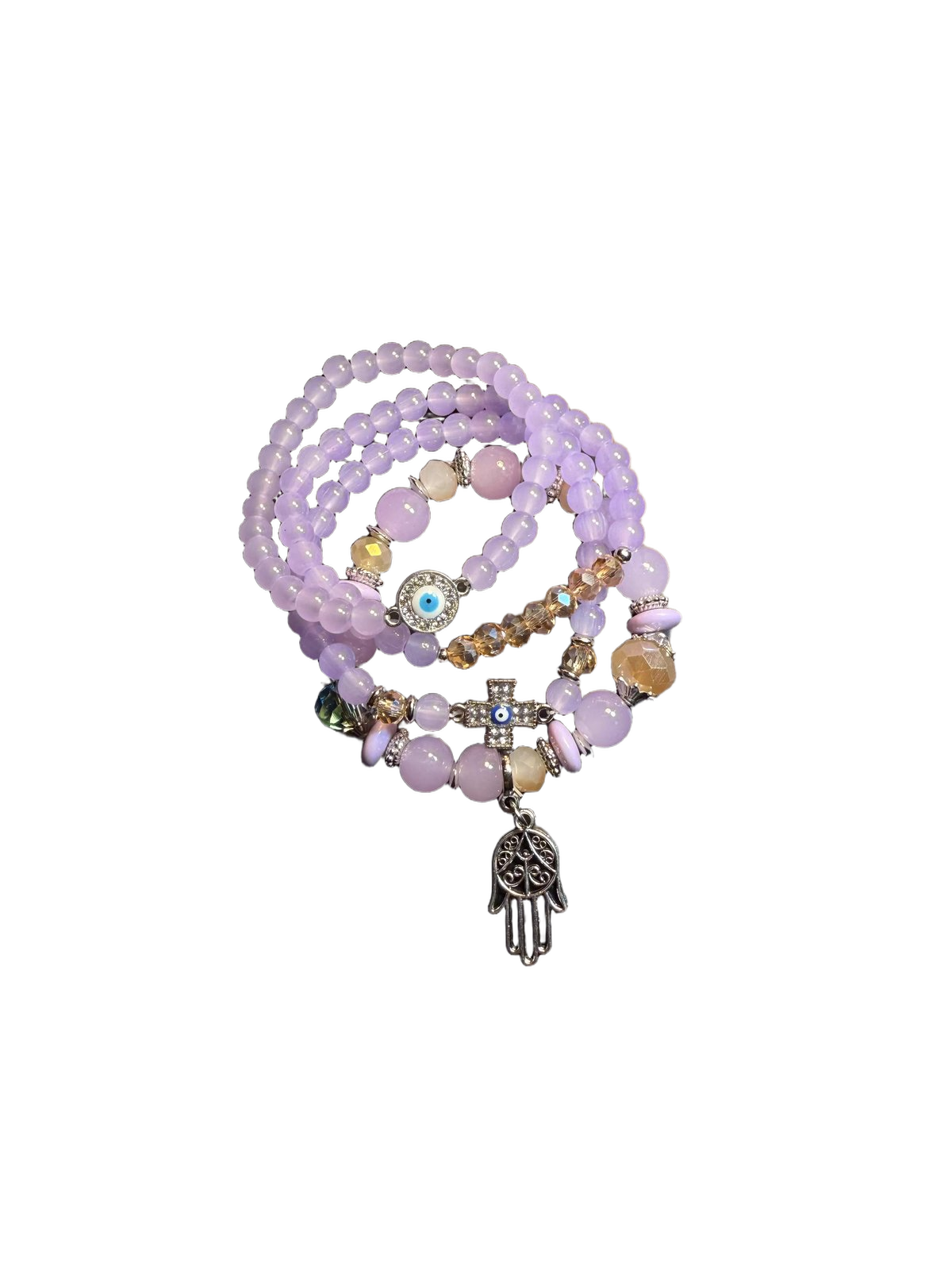 YYBB Jewelry Lot de 4 bracelets en perles lilas avec breloques main Hamsa, œil protecteur et croix, style bohème spirituel