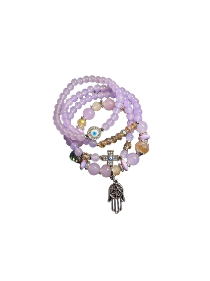 YYBB Jewelry Lot de 4 bracelets en perles lilas avec breloques main Hamsa, œil protecteur et croix, style bohème spirituel