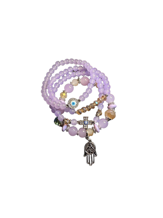 Set de 4 pulseras de cuentas lilas de YYBB Jewelry con dijes de mano de Fátima, ojo turco y cruz, estilo bohemio espiritual