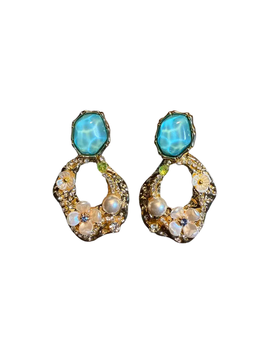 Geometric Flower Pearl Stud Earrings - Handmade Vintage Style Jewelry